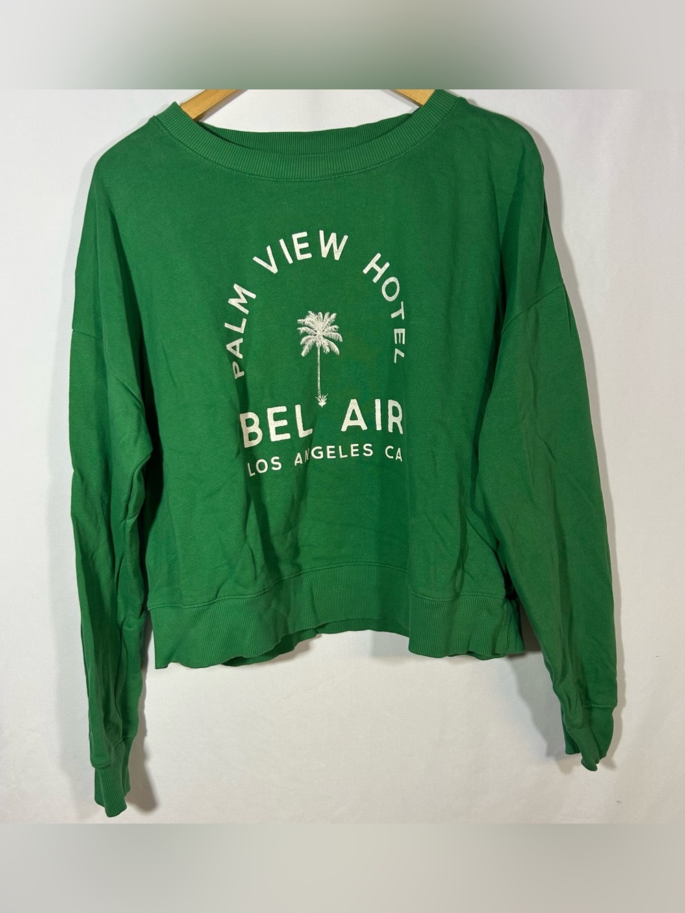 Anthropologie Maeve City Crew Sweatshirt Green Palm View Hotel Size Medium